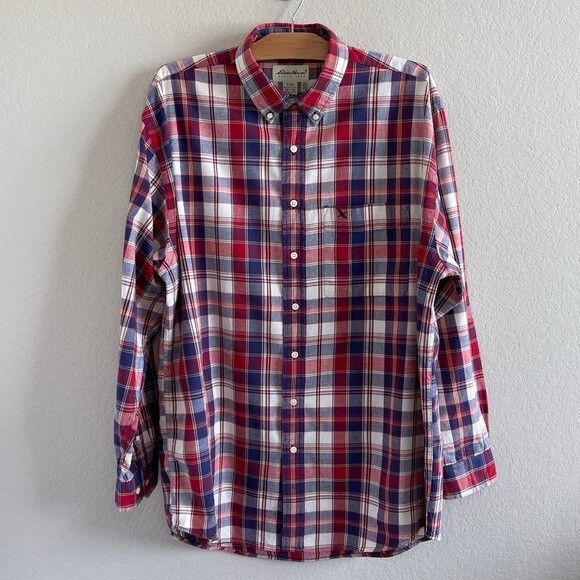 Eddie Bauer Long Sleeve Red Blue White Plaid Large Button Down Shirt - EUC - Picture 1 of 9